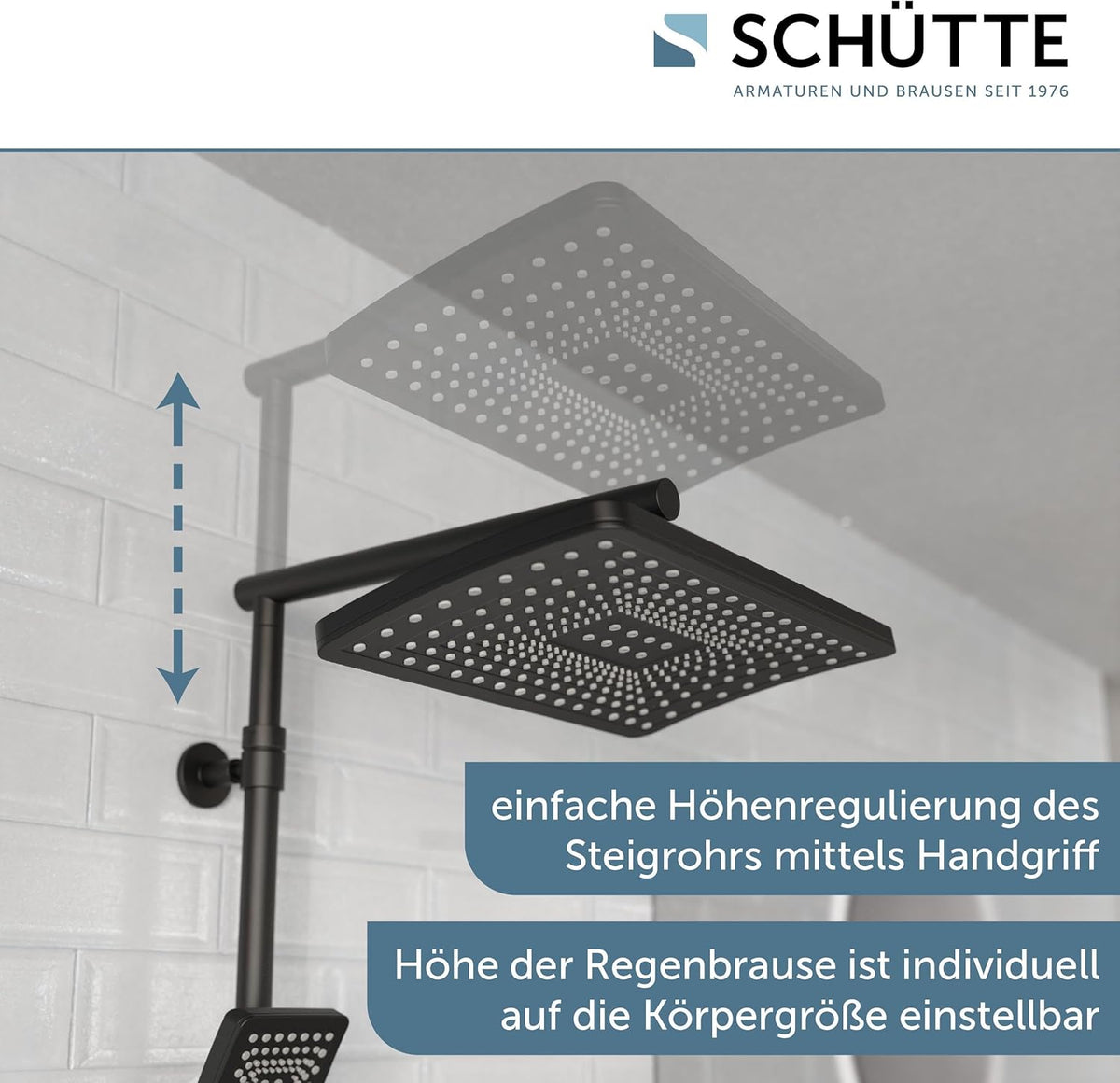 SCHÜTTE Trendto 60170 Douchesysteem met thermostaat, doucheset met grote regendouche (32 x 20 cm) en verstelbare handdouche, doucheset met douchestang, douchezuil, douchepaneel, zwart