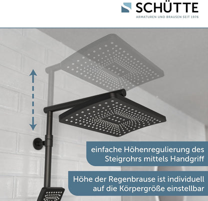 SCHÜTTE Trendto 60170 Douchesysteem met thermostaat, doucheset met grote regendouche (32 x 20 cm) en verstelbare handdouche, doucheset met douchestang, douchezuil, douchepaneel, zwart