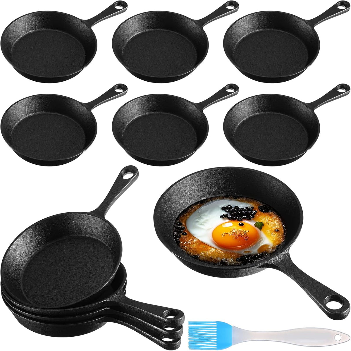Mini Cast Iron Skillets Small Black Cast Iron Skillet Mini Sizzling Plate Cast Iron Skillets Mini Frying Pan Cast Iron Set with Oil Brush for Indoor Outdoor Restaurant Kitchen (Round,10 Sets) - QUORE