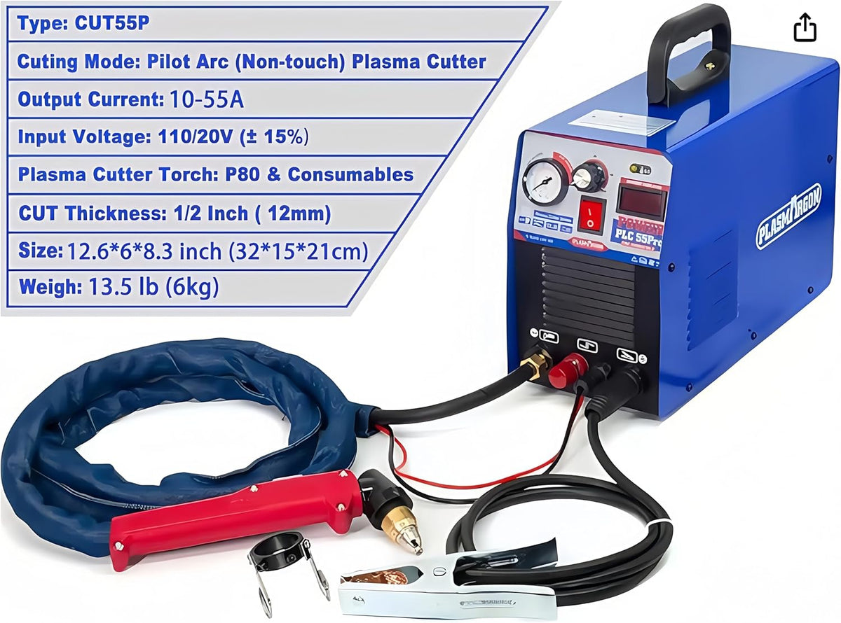 Plasmasnijder 220 V 55 A, HF Non-Touch Pilot Arc, 20 mm Max snijdikte, 15 mm zuivere snede (PLC55P)