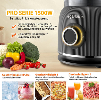 1500 W keukenmachine en mixer combinatie, 2,5 l hakmolen voor vlees, groenten en deeg, 2 l blender met glazen reservoir, 2 snelheden en pulsfunctie voor smoothies, sap enz.