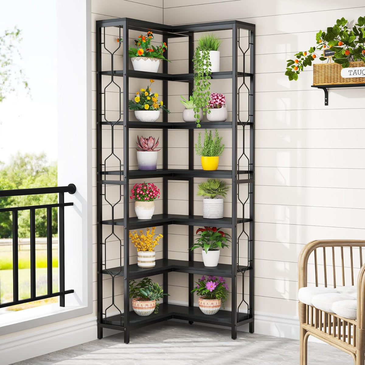 Tribesigns Corner Shelf, 7 Tier Industrial Corner Bookshelf, Wooden and Metal Corner Bookcase, Freestanding Display Shelf for Living Room, Kitchen, Home Office, Black