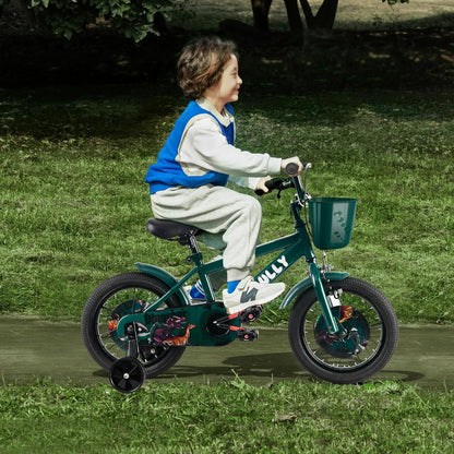 RULLY Dinosaur 16 inch jongensfiets voor kinderen van 4 tot 7 jaar, groen, met afneembare steunwielen, terugtraprem en handrem, mand