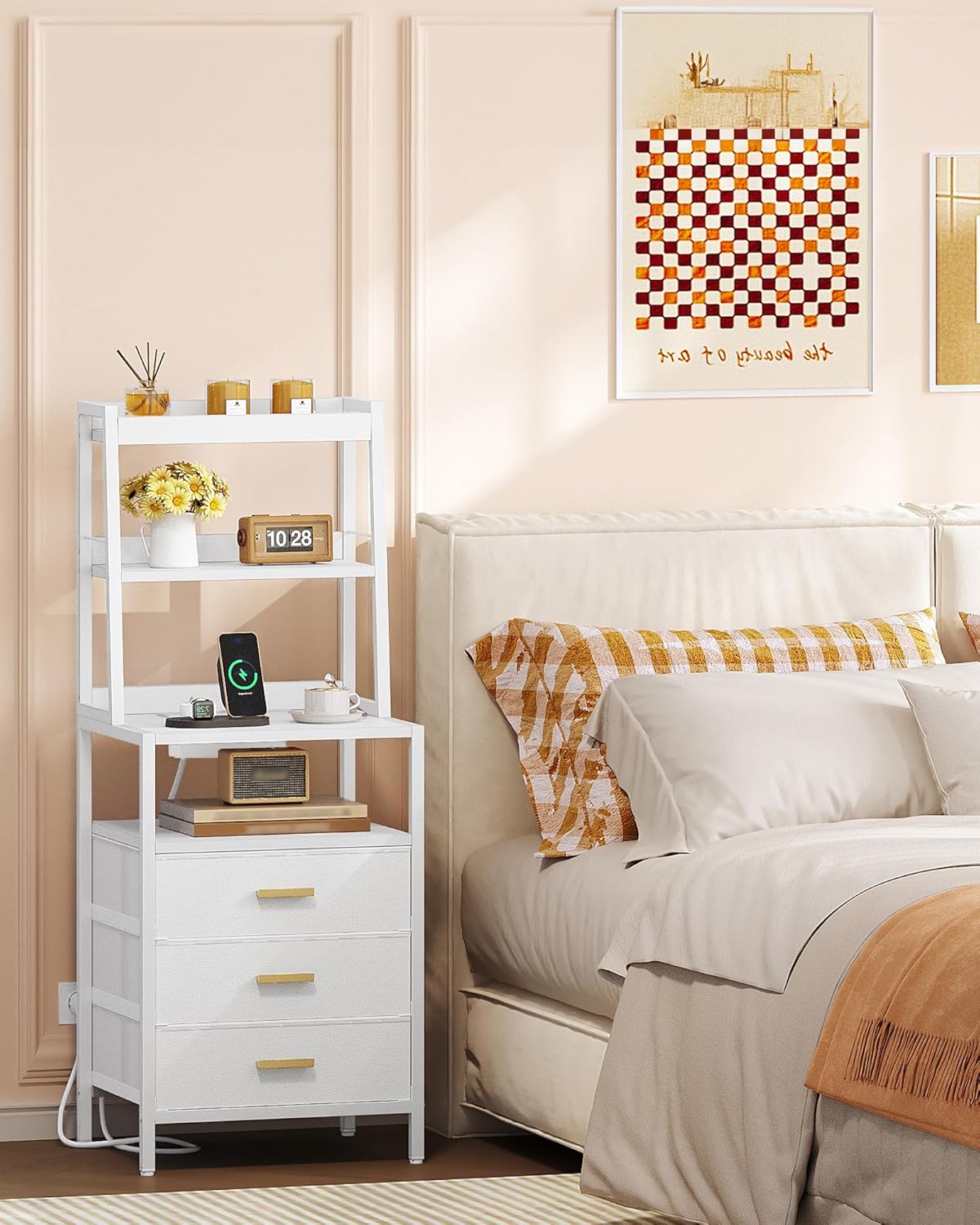 Hzuaneri Bedside Table Set of 2, Bedside Table with Charging Station and Metal Storage Shelf, 2 Sockets and 2 USB Ports, Side Table with 3 Fabric Drawers, For Bedroom, Living Room, White NS10613W