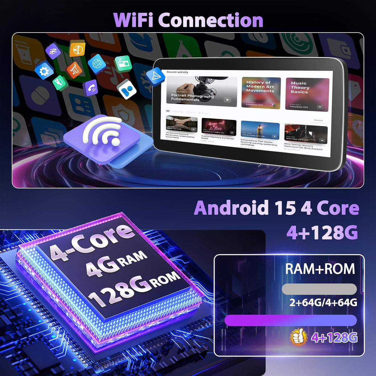 2 Din 4G + 128G autoradio 12,3 inch 1280P stereo radio met Android 15 systeem, A-pple Carplay Android Auto GPS Bluetooth 5.0 WiFi FM/RDS 2USB inclusief AHD-camera voor achteruitrijcamera