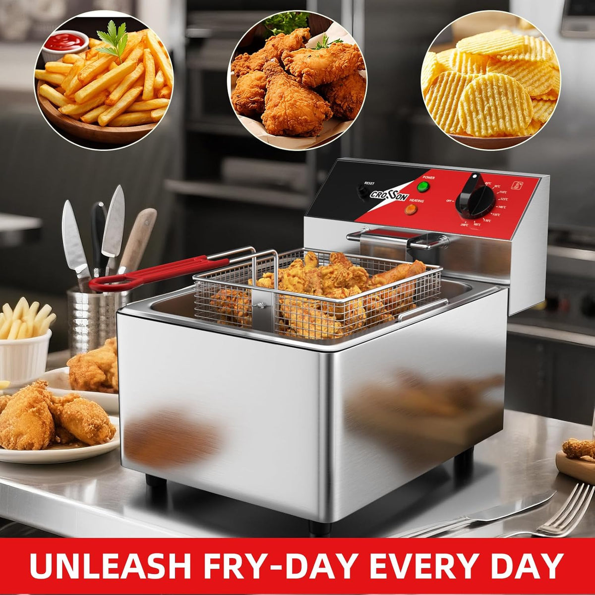 CROSSON Elektrische Friteuse 6L,230V/3000W Elektrische Friteuse met Mand en Deksel,Temperatuurregeling 80-200°C,voor Restaurantkeuken