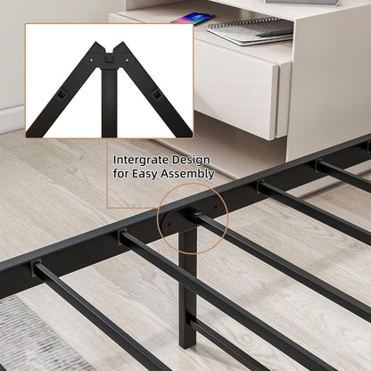 HOJINLINERO Kingsize bedframe met houten hoofdeinde, metalen platformbedframe kingsize matrasbasis, metalen lattensteun en opbergruimte onder bed, massief metalen bedframe tweepersoonsbed, zwart