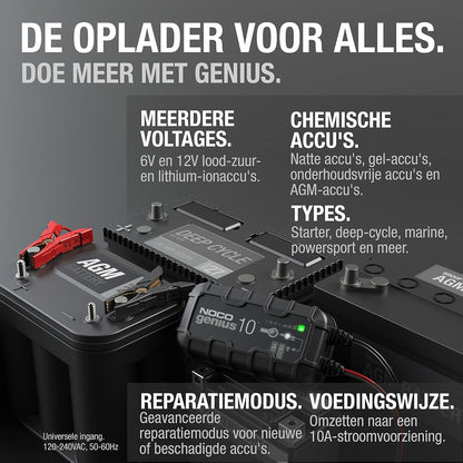 NOCO GENIUS10EU, 10A Automatische Oplader, 6V en 12V Batterijlader, AGM, SLA, Gel en Lithium Auto-Acculader, Onderhoudslader, Druppellader en Desulfator - Auto, Motorfiets, Boot, SUV, ATV, RV, Camper