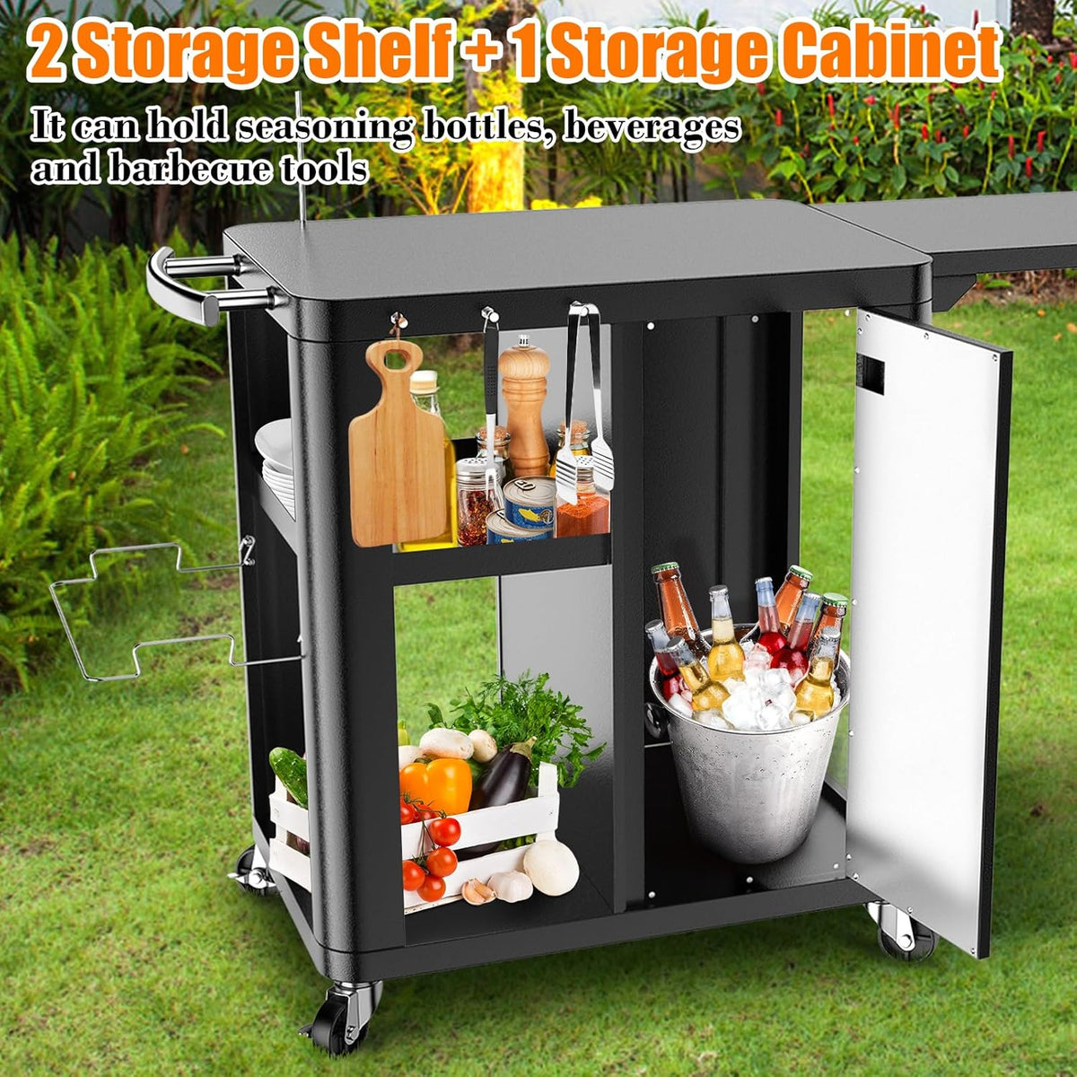 GFTIME Grillwagen, grilltafel met inklapbare bijzettafel, outdoorkeuken met haken, opbergrek en kast, serveerwagen met wielen, buitenkeuken, 143 x 37 x 89 cm