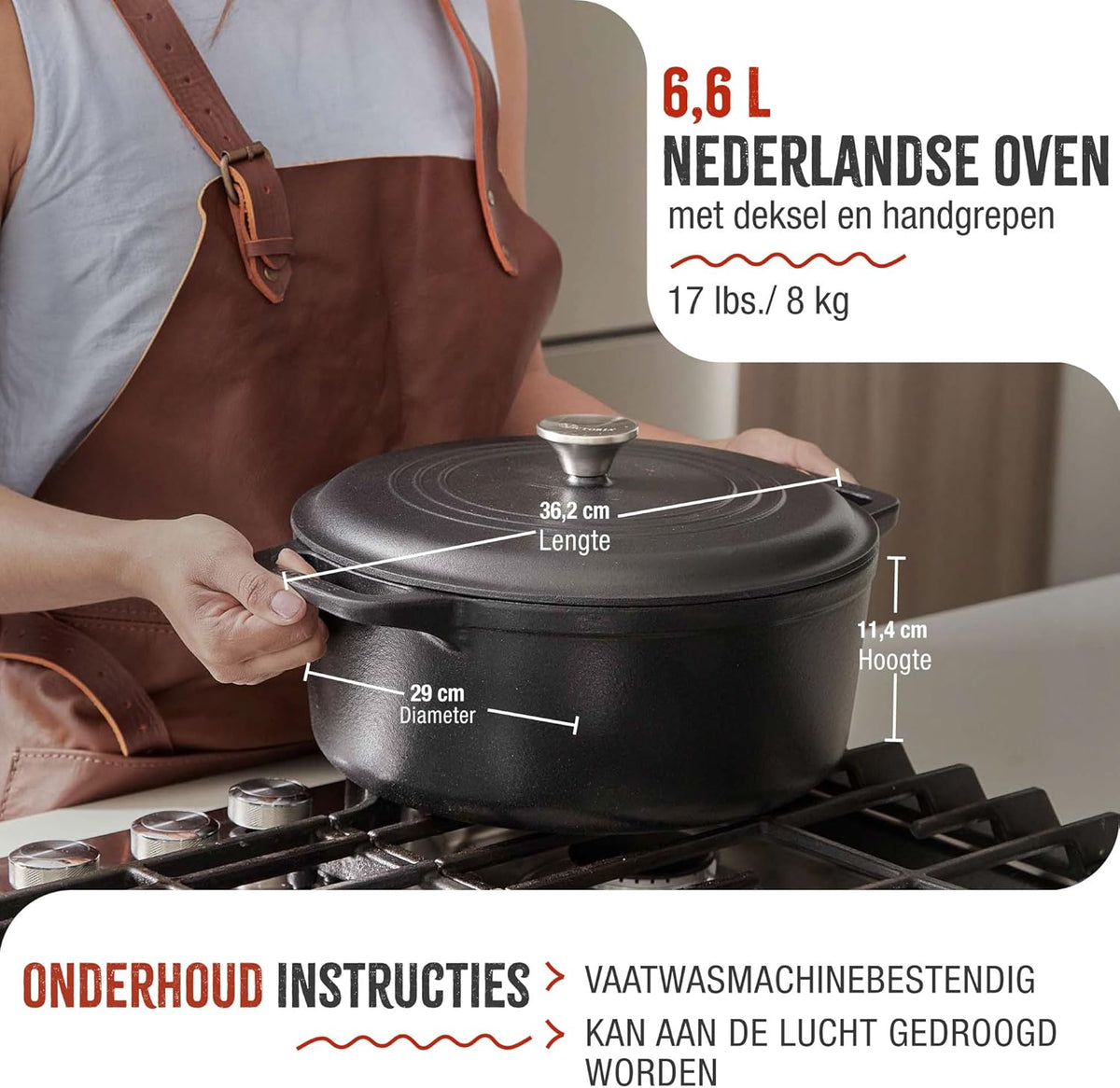 Victoria Dutch Oven Inductie Geëmailleerd Gietijzer 29cm, Cocotte 6,6L, PTFE en PFOA vrij, Geschikt voor Vuur, Barbecue, Oven, Kookplaat, Keramische kookplaat, Gas