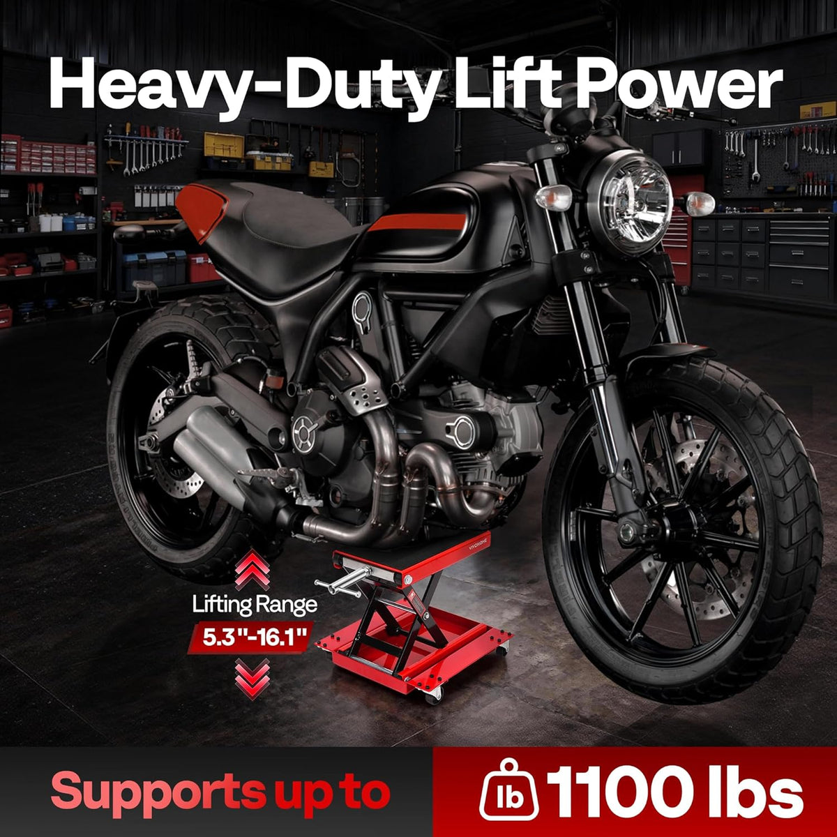 VIVOHOME Motorfietslift Jack Schaarlift 500kg Zware Stalen Brede Dekstandaard Takel met Dolly en Handkruk voor ATV Fietsen Garage Reparatie Rood