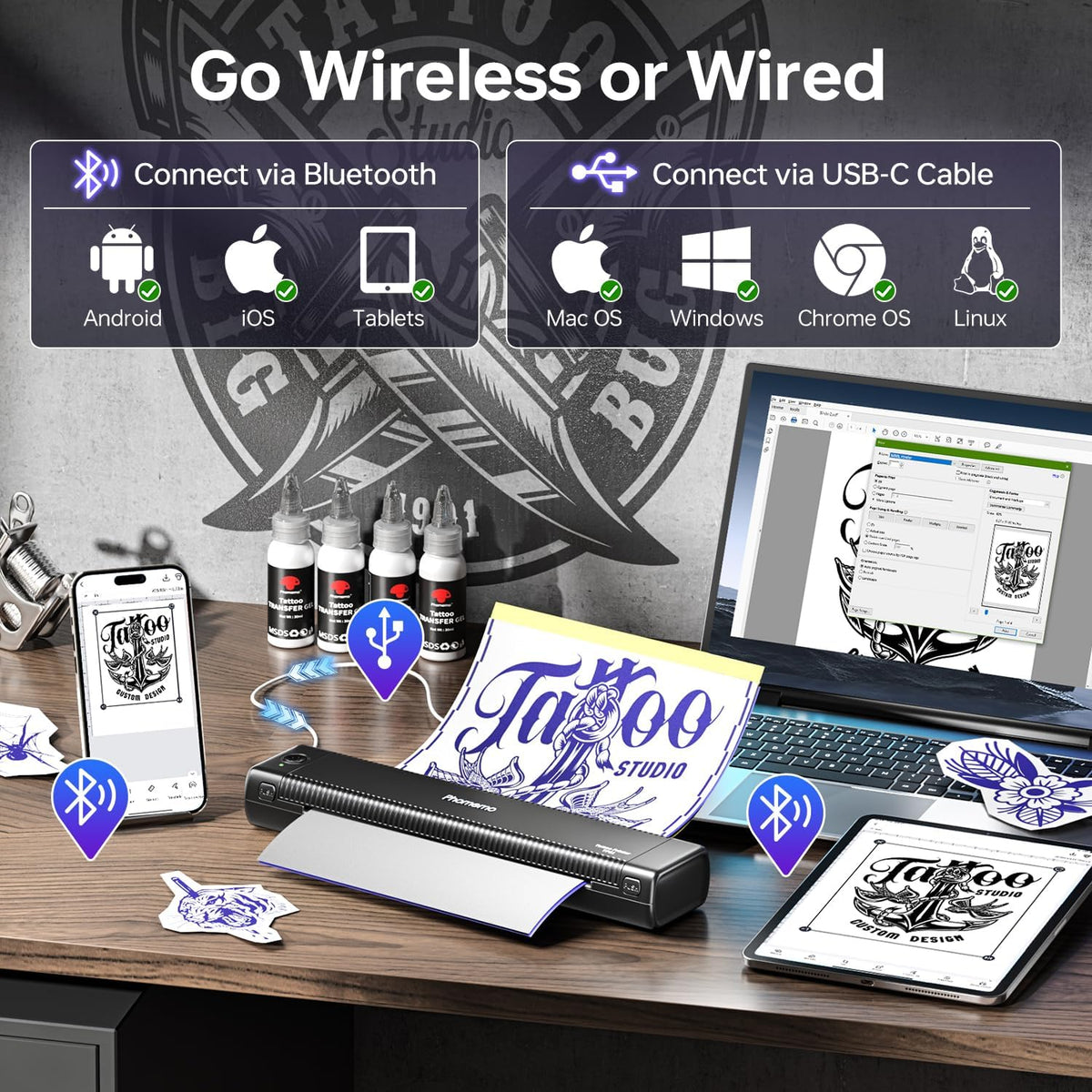 Phomemo TP81 Tattoo Printer with 4 Tattoo Gel and 20 Pieces Tattoo Transfer Paper Stencil Printer for Artists and Beginners Templates Printer Machine Compatible with Phone PC - QUORE