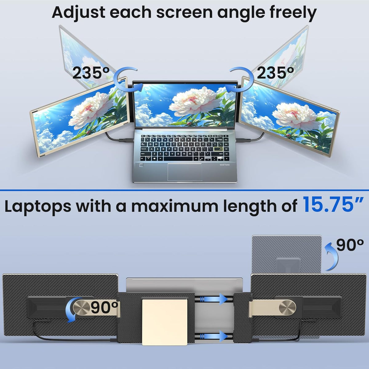 Triple Laptop Screen Extender - 15.6 inch Monitor IPS FHD 1080P Detachable Portable Display for 13"-17.4" Laptops Compatible with Windows Mac Chrome Surface Metal Base Travel Work Setup - QUORE
