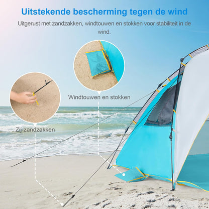 Wolfwise 4-5 Persoons Makkelijk Opzetten Strandtent UPF 50+ Draagbare Instant Zonwering Luifelparaplu met Verlengde Veranda met Ritssluiting, Blauw