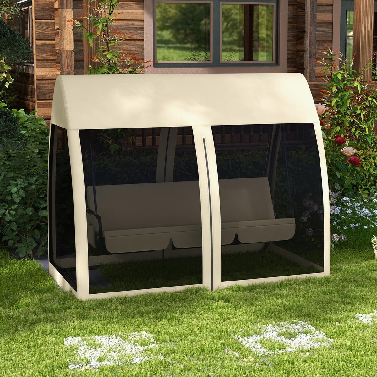 Outsuuny 2 in 1 Hollywoodschaukel mit Liegefunktion 3-Sitzer Gartenschaukel mit Baldachin, Mückennetz, Schaukelbank belast bis 300 kg, Gartenliege für Garten, Terrasse, 240 x 140 x 197 cm, Kaffee - QUORE