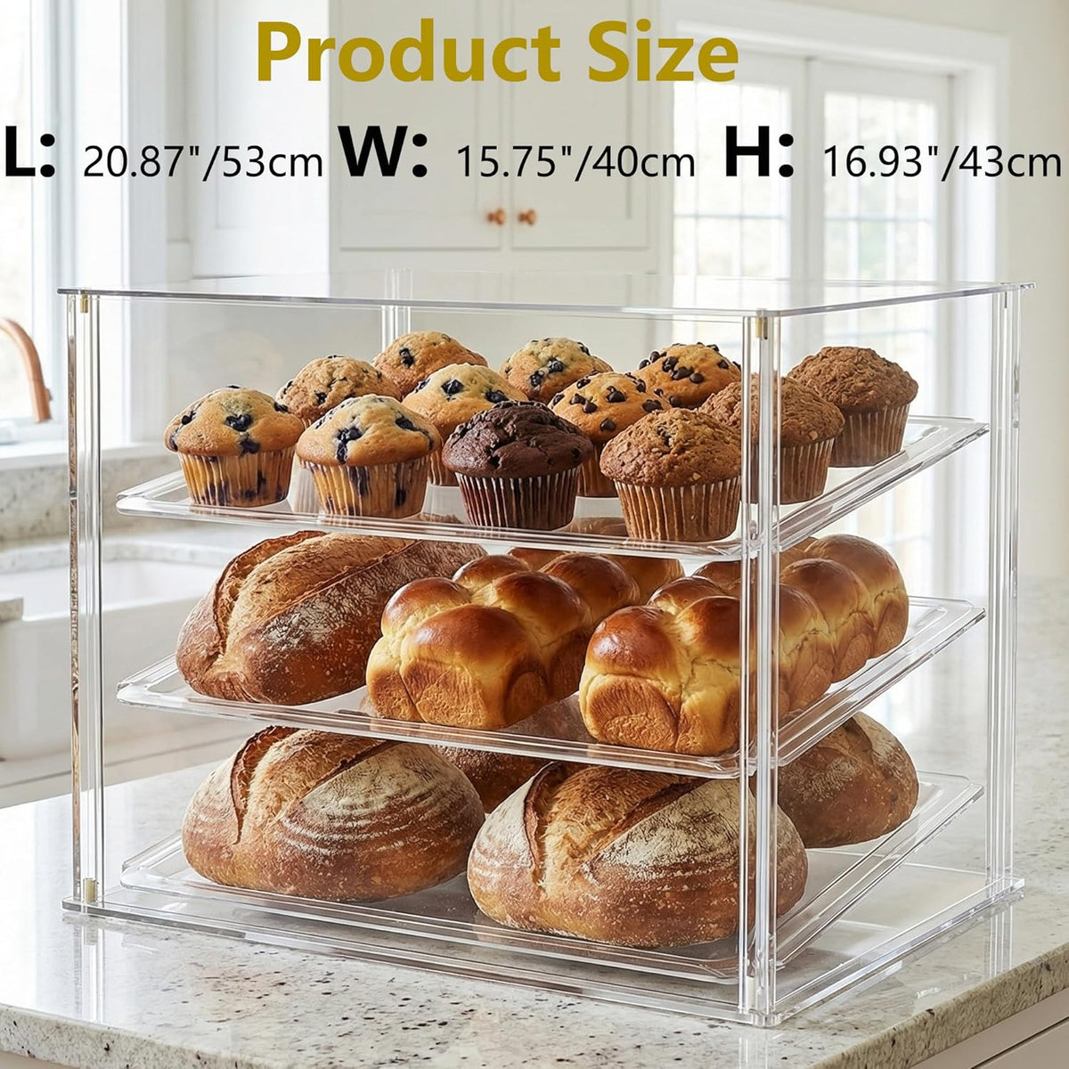 3 Tray Countertop Bakkerij Vitrine met Magnetische Achterdeuren - 52,8 cm x 40 cm x 42,9 cm Acryl Gebak Vitrine met Verwijderbare Trays & Stalen Tang, Voedsel Vitrine voor Donut Brood Cake