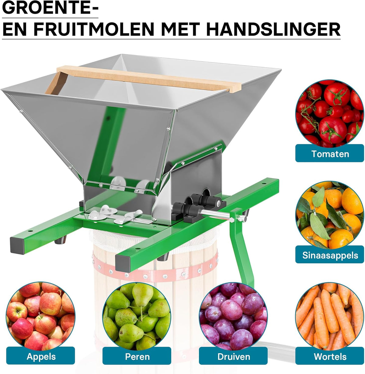 Wiltec fruit shredder met 7 liter trechter en handslinger, fruithakselaar makkelijk te reinigen, handmatige sappers