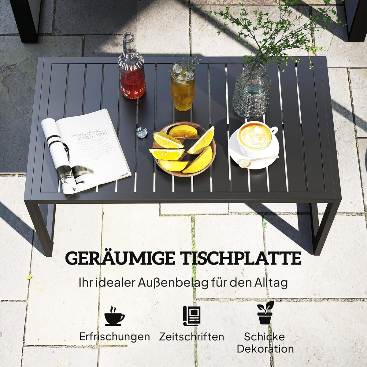 Outsunny Beistelltisch mit Lamellendesign Balkontisch aus Aluminium Kaffeetisch wetterfest Gartentisch pflegeleicht Sofatisch Outdoor Tisch für Balcony Garten Terrasse 90 x 50 x 42 cm Schwarz