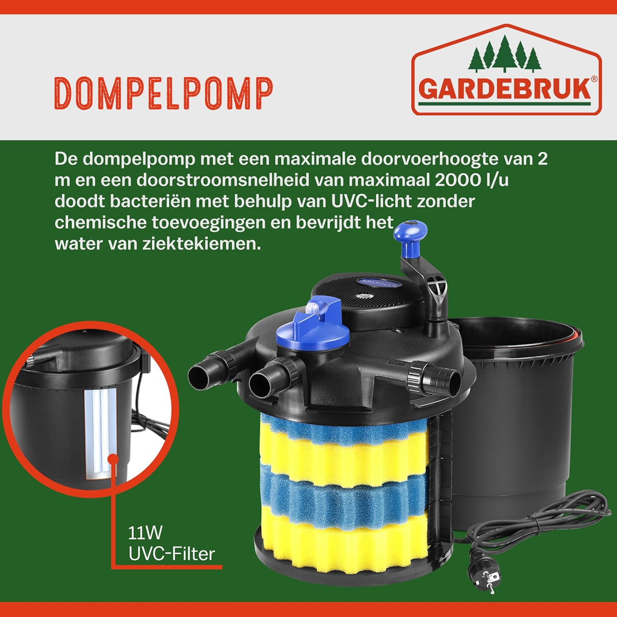 Gardebruk vijverdrukfilter 18L complete set 2000 L/H 11 watt UVC lamp bypass functie pomp tuinvijver vijverfilter