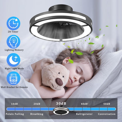 Ohniyou Plafondventilator zonder vleugels, 48,3 cm, met verlichting en afstandsbediening, dimbaar ledlicht en 6 ventilatorsnelheden, inbouw-plafondventilator met laag profiel voor slaapkamer,