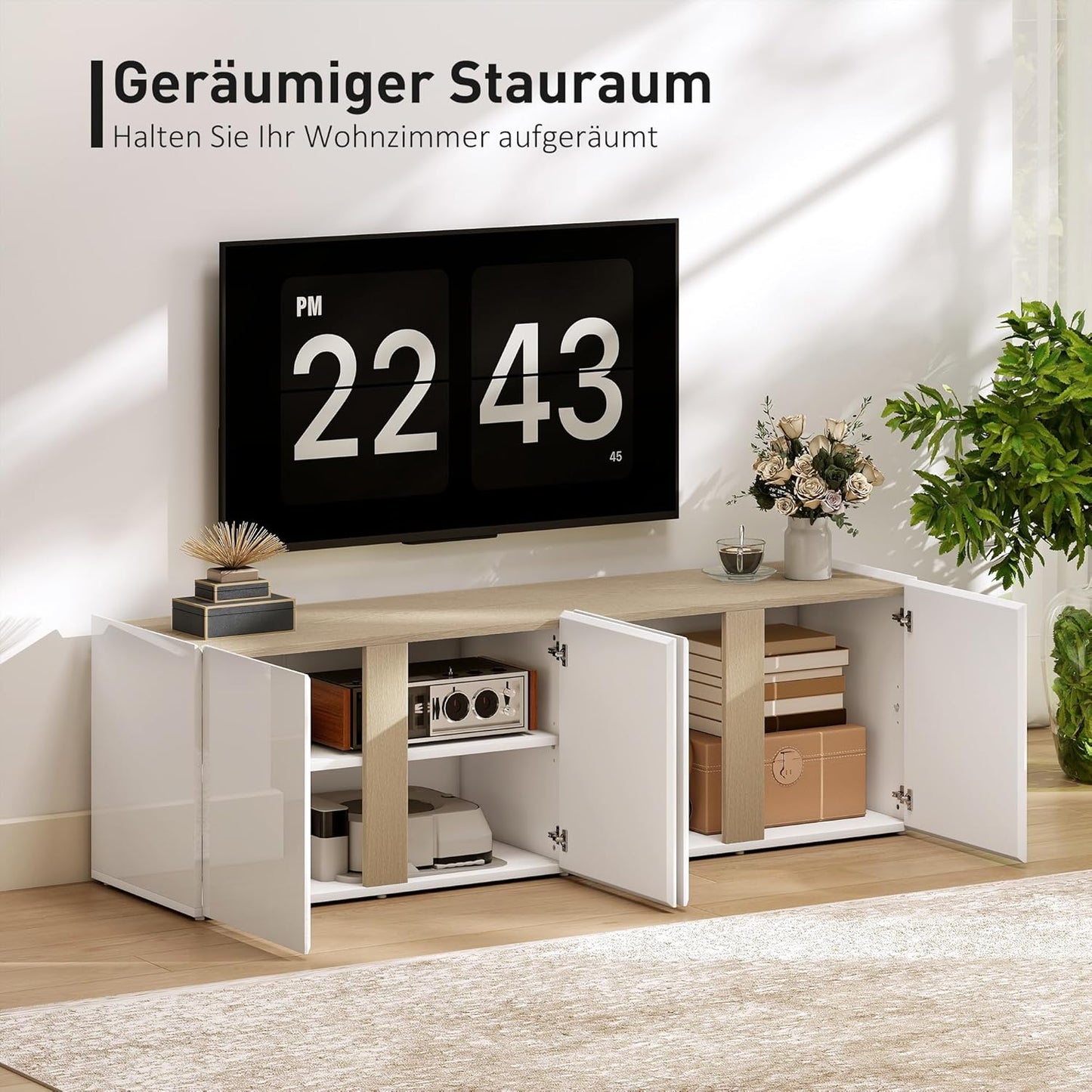 HOMCOM TV Schrank TV Board mit 4 Soft-Close-Türen Hochglanz TV Lowboard für Fernseher bis zu 65 Zoll mit Verstellbaren Ablagen, Kabelmanagement Fernsehtisch für Wohnzimmer Weiß 135x38x45cm