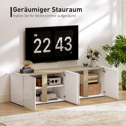 HOMCOM TV Schrank TV Board mit 4 Soft-Close-Türen Hochglanz TV Lowboard für Fernseher bis zu 65 Zoll mit Verstellbaren Ablagen, Kabelmanagement Fernsehtisch für Wohnzimmer Weiß 135x38x45cm