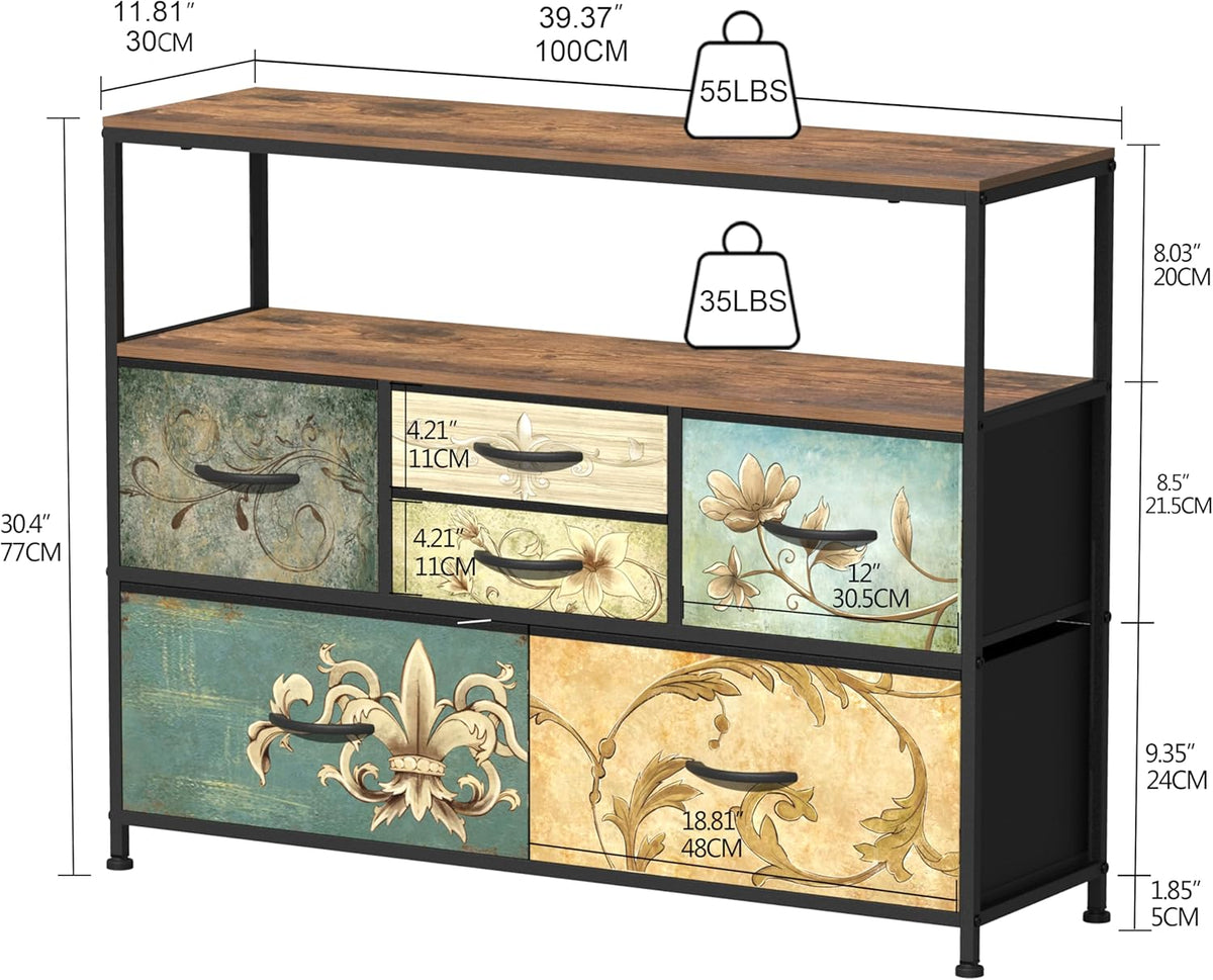 VEDECASA Kommode met 6 stoffen laden, Boheemse kaptafel, TV-standaard voor slaapkamer, dressoir met houten plaat, stoffen laden, metalen frame voor woonkamer, slaapkamer, hal