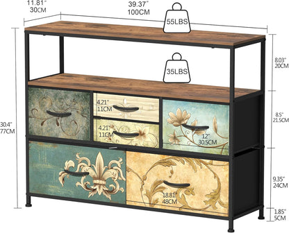 VEDECASA Kommode met 6 stoffen laden, Boheemse kaptafel, TV-standaard voor slaapkamer, dressoir met houten plaat, stoffen laden, metalen frame voor woonkamer, slaapkamer, hal