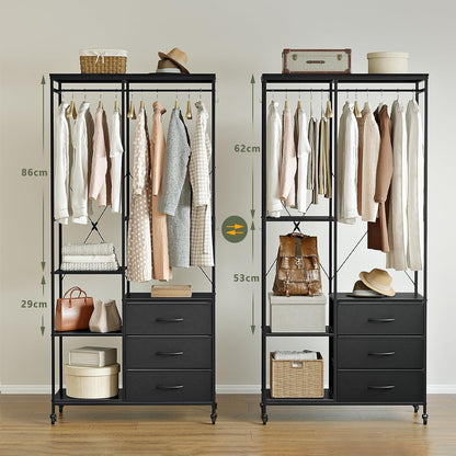 Kledingrek – Open Garderobe – Kledingwagen – Kledingrail – Kledingkast – Zwart Stalen Frame – 3 Laden & Verstelbare Plank