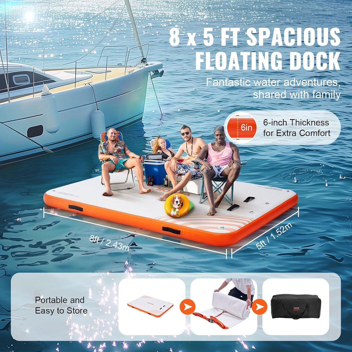 VEVOR Opblaasbaar drijvend dok, 8 x 5 ft opblaasbaar dockplatform, antislip waterdrijvende dokmat met draagbare draagtas en afneembare ladder, drijvend platform eilandvlot voor zwembad, strand, oceaan