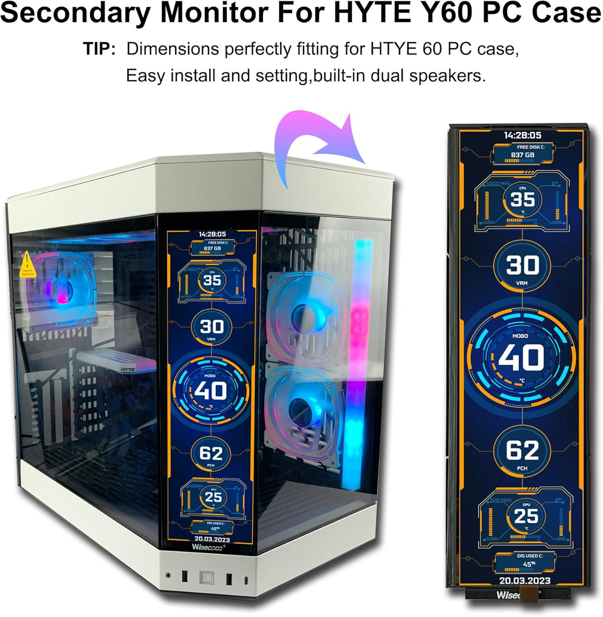 12.6 Inch Bar Lcd scherm HDMI Display Monitor 1920x515 IPS DIY Kits Dual Ingebouwde Speakers voor Hyte Y60 Computer Gaming PC Case CPU GPU Secundaire Monitor Eenvoudig te installeren Zwart
