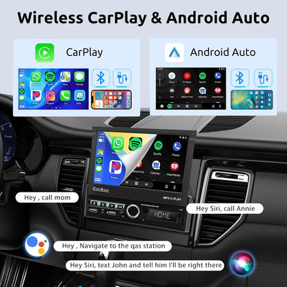 Autoradio 1 Din met draadloze Carplay Android Auto, 7 inch IPS HD elektrisch intrekbaar touchscreen autoradio, Bluetooth Link spiegelen FM 2USB/AUX stuurwielbediening achteruitrijcamera