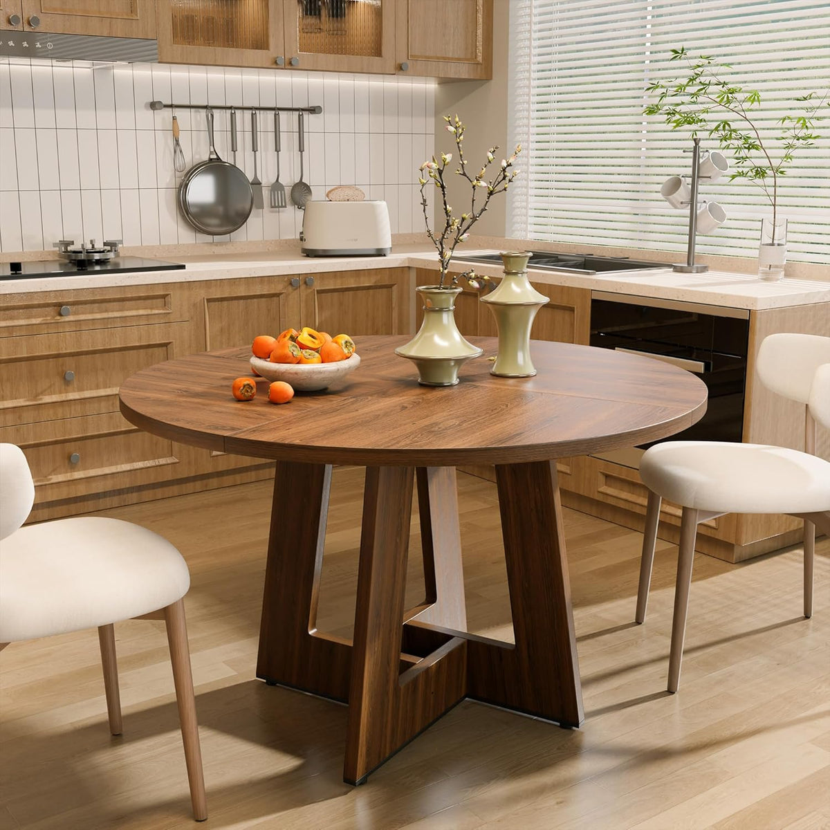 YOUDENOVA Round Dining Table 120 cm, Wooden Dining Table for 4-6 People, Rustic Kitchen Table Aesthetics with Modern Geometry Juncture Base, Rustic Brown (without Chairs) - QUORE