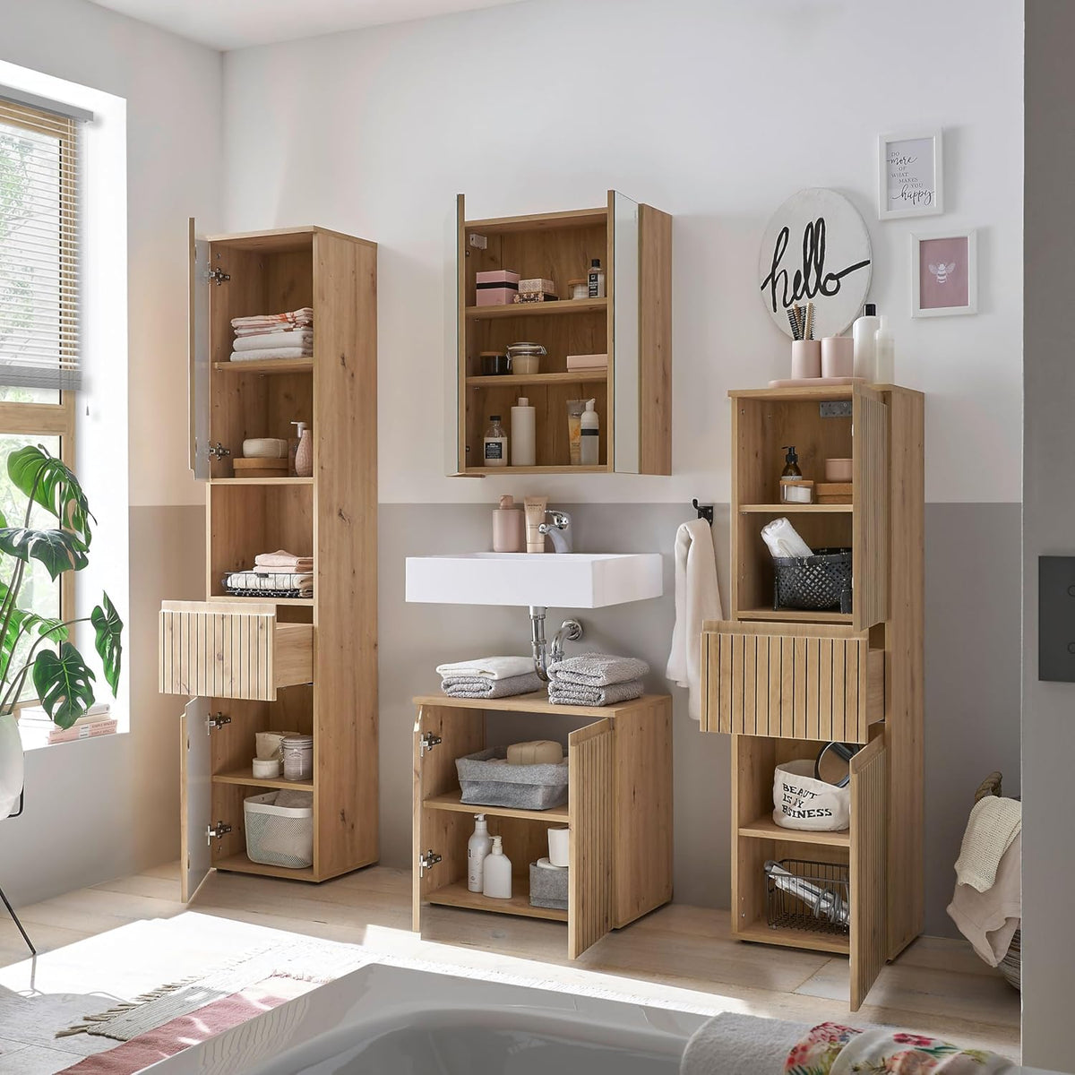 Stella Trading Austin badkamercommode in Artisan eikenlook, wilde eiken-look, FSC-gecertificeerd - badkamerkast met veel opbergruimte - 40 x 136 x 31 cm (b x h x d)