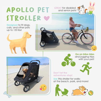 Apollo 3-in-1 wandelwagen voor huisdieren | hondenbuggy | hondenkinderwagen | hondenkinderwagen | hondenwielen | lichtgewicht afneembare opvouwbare draagbare huisdierendragers tas jogger voor