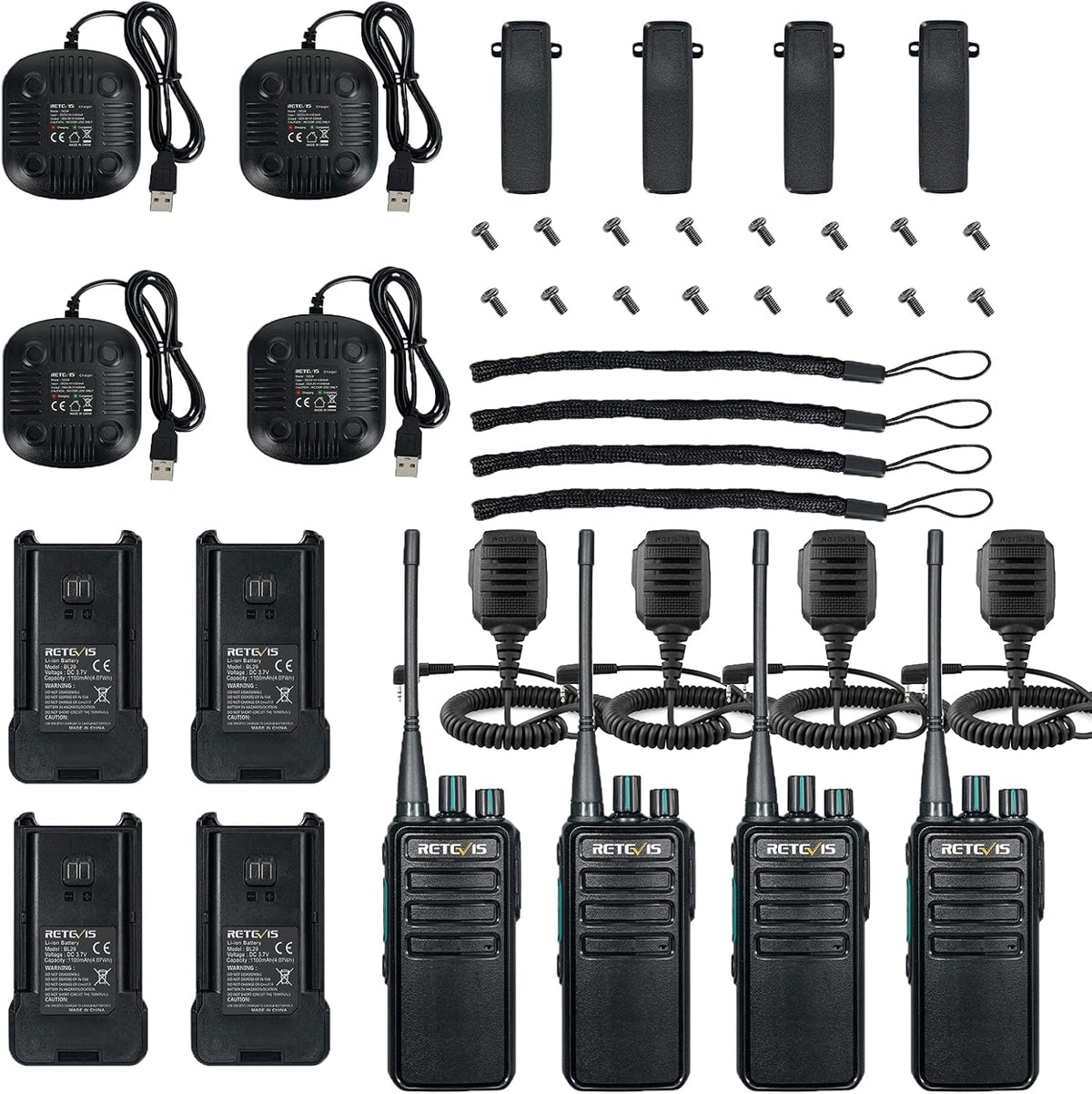 Retevis RB629 Portofoon, PMR446 Heavy Duty Walkie Talkie met Draadloze Kloonfunctie, VOX, Noodalarm, Lange Afstand Walkie Talkies met Luidsprekermicrofoon voor Bouwplaats (4 Stuks, Zwart)