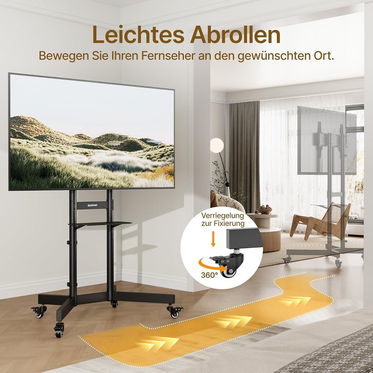 In hoogte verstelbare mobiele tv-standaard oprolbaar voor 32-86 inch televisie, tot 90 kg draagvermogen, helling +5°/-10°, veiligheidsvergrendeling, met wielen en plank, max. VESA 600x400mm