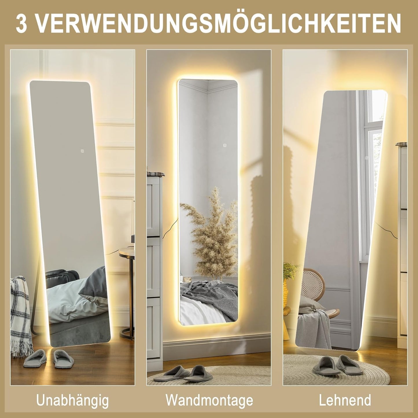 HOMCOM Ganzkörperspiegel 150 x 40 cm Standspiegel mit LED-Beleuchtung, 3 Lichtfarben, Wandspiegel mit Ständer, Touch-Schalter für Schlafzimmer, Wohnzimmer, Transparent - QUORE