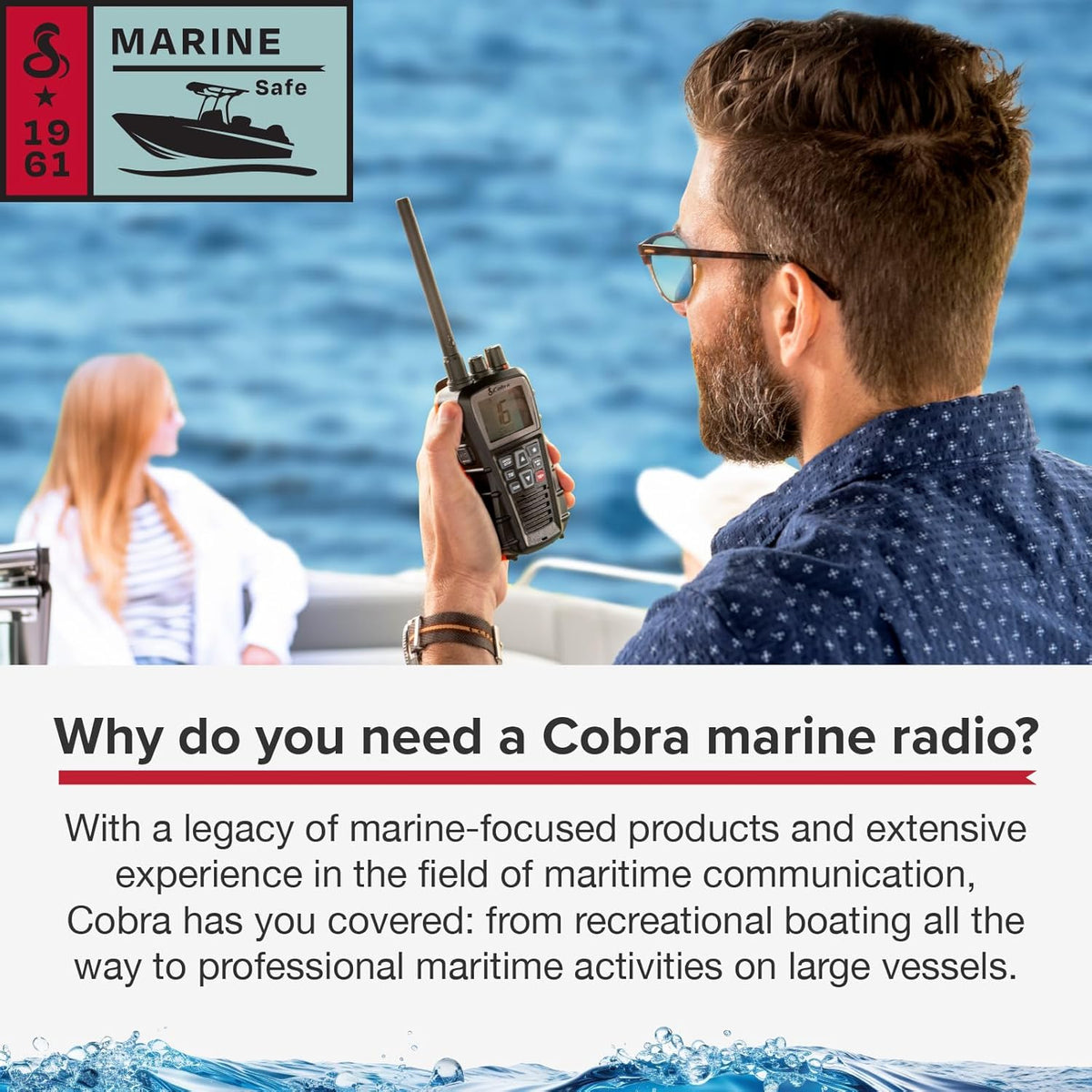 Cobra BlueBound 350 Handheld Zwevende VHF Marine Radio - 6 Watt, Float n ' Flash, IPX7 Waterdicht, Dompelbaar, Dag/Nacht LCD-display, Geheugenscan, Tri-Watch, Zwart