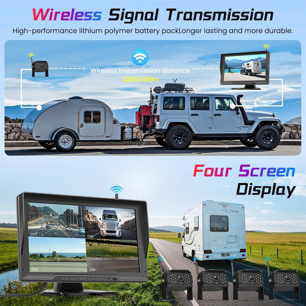 Wireless Rear Camera Set, 10.1 Inch Touch Screen, 4 Rear Cameras with DVR Recording, Night Vision, BSD, Waterproof IP68, Super Wide Angle for Trucks, Trailers, Vans, Buses - QUORE