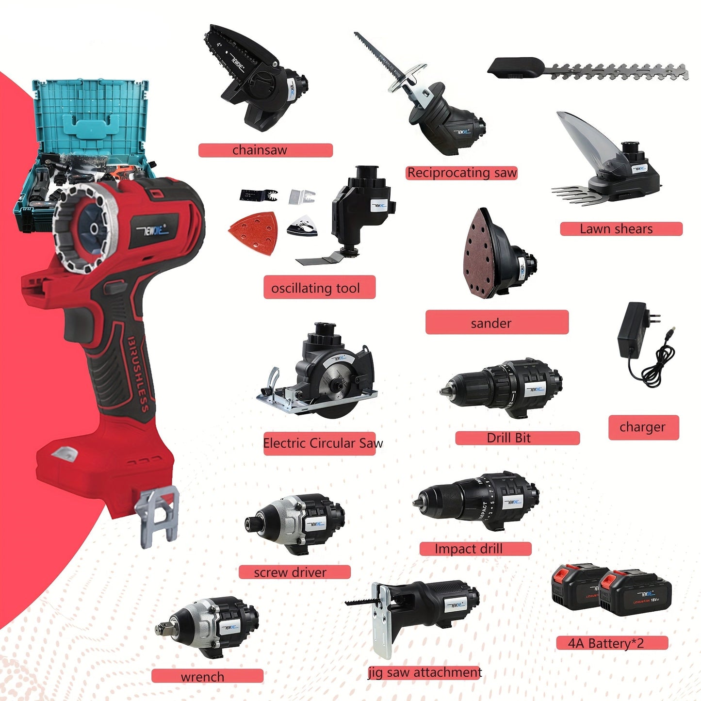 Accuboormachine – Schroefboormachine – Klopboormachine – Multitool – Boormachine – 18V Brushless Motor – 12-in-1 Multifunctionele Set met 12 Opzetstukken