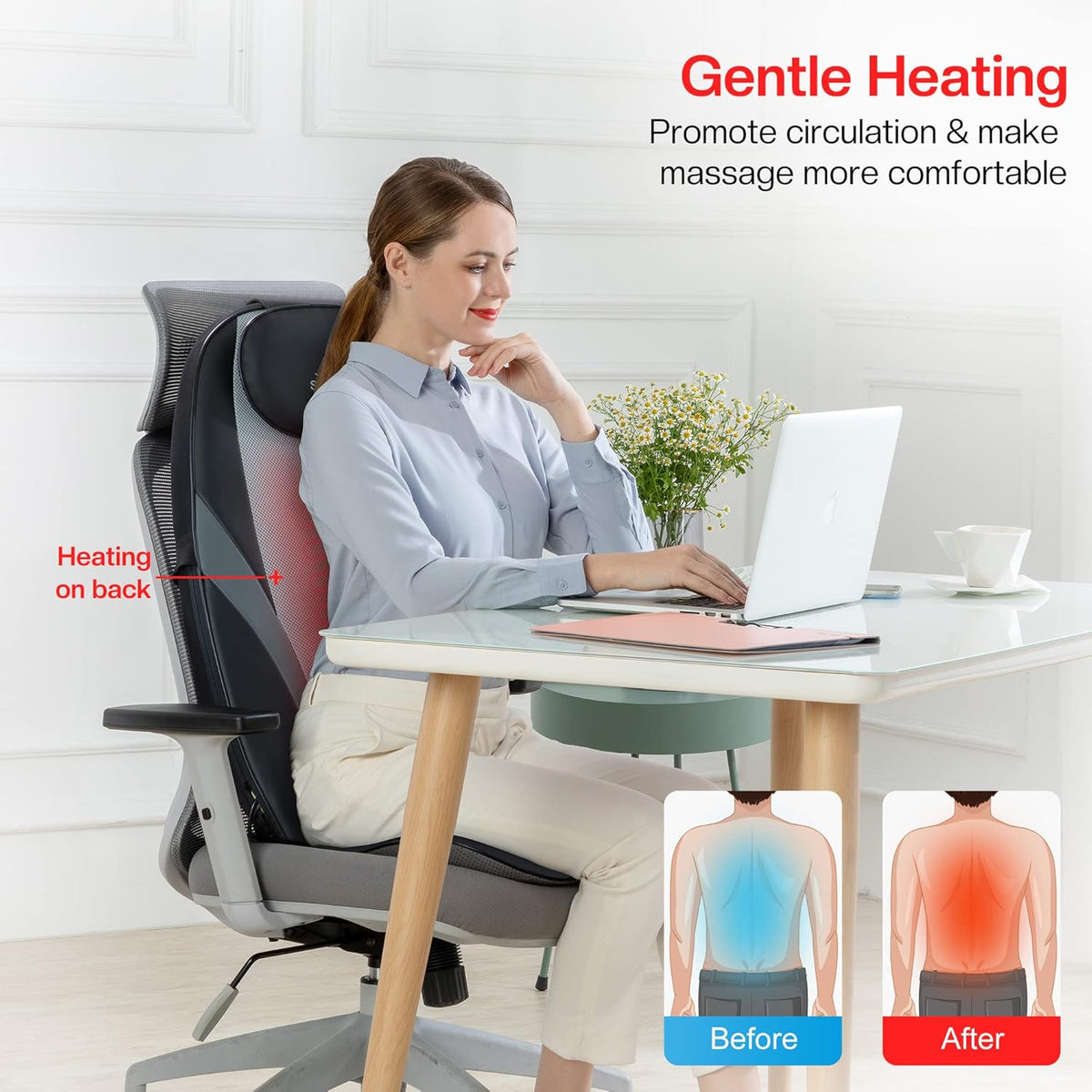 Snailax Shiatsu massagestoelkussen, massagekussen voor nek en schouder, rugmassageapparaat met warmte- en vibratiefunctie, massagestoel, cadeaus voor mannen en vrouwen