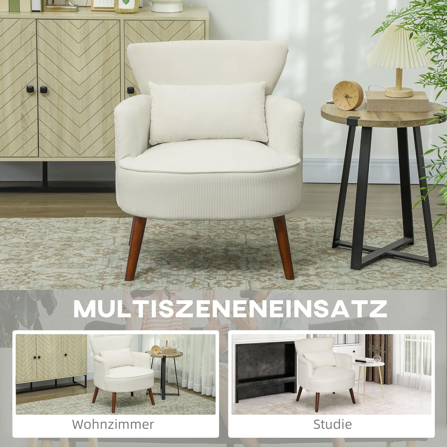 HOMCOM Lounge Chair with Armrests, Upholstered Chair with Cushion, Cord Look Armchair Wooden Legs Reading Chair for Living Room, Bedroom, Cream White HOMCOM Lounge Chair with Armrests - QUORE