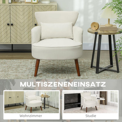 HOMCOM Lounge Chair with Armrests, Upholstered Chair with Cushion, Cord Look Armchair Wooden Legs Reading Chair for Living Room, Bedroom, Cream White HOMCOM Lounge Chair with Armrests - QUORE