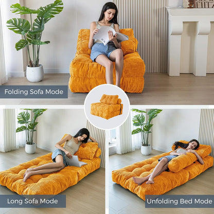 MAXYOYO Folding Sofa Bed, Convertible Sleeping Chair with Pillow, Mattress with Back Support, Portable Chair Bed, Comfortable Lounge for Living Room, Bedroom, Orange