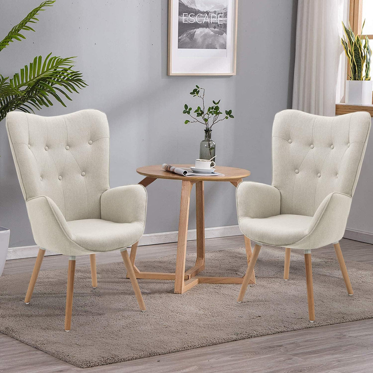 MEUBLE COSY Set van 2 fauteuils voor woonkamer accentstoel met hoge vleugelrug en gewatteerde armleuningen, houten poten, bank voor lezen lounge slaapkamer ingang, beige, metaal, 66x71x106 cm