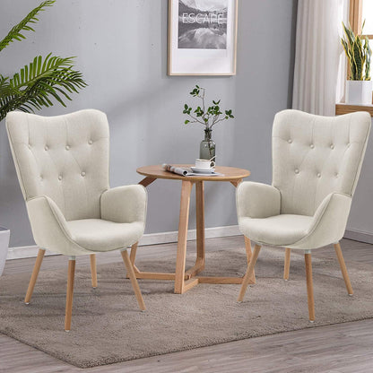MEUBLE COSY Set van 2 fauteuils voor woonkamer accentstoel met hoge vleugelrug en gewatteerde armleuningen, houten poten, bank voor lezen lounge slaapkamer ingang, beige, metaal, 66x71x106 cm