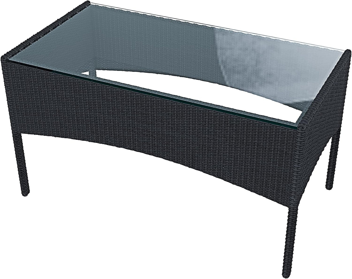 Arreditaly Tuinmeubelset, woonkamer, rotan, 4-zits met tafel en glazen rek, 2 stoelen en 2-zits, voor tuin, buitenzwembad, afneembare kussens (zwart)