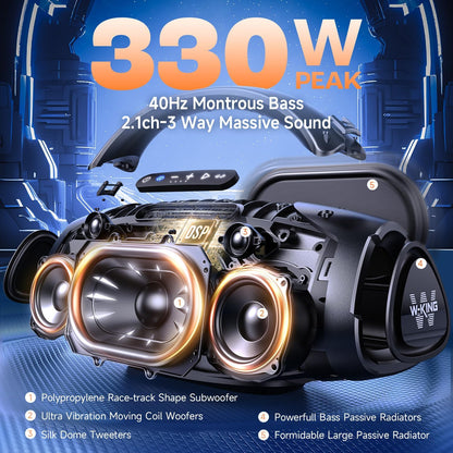 W-KING Bluetooth-luidspreker luid, draagbare draadloze luidspreker met 120W subwoofer, 50W*2 woofers, 15W*2 tweeter, 40Hz massieve bas, IPX7 waterdicht, APP, BT5.4, stereo-koppeling, OTG, grote