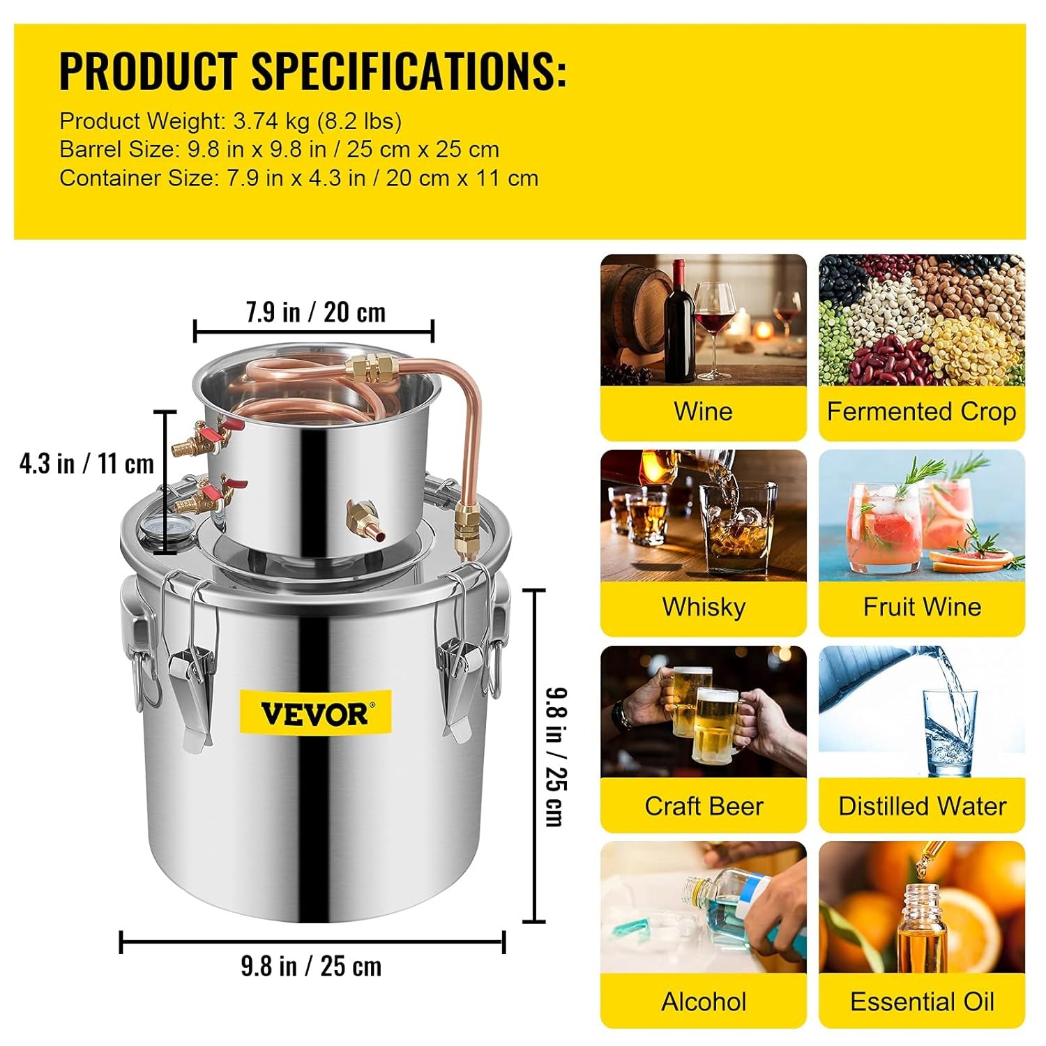 VEVOR Alcohol Still 3Gal/12L Alcohol Distiller Stainless Steel Distillery Kit for Alcohol With Copper Tube Home Brewing Kit Built-in Thermometer for DIY Whisky Wine Brandy - QUORE